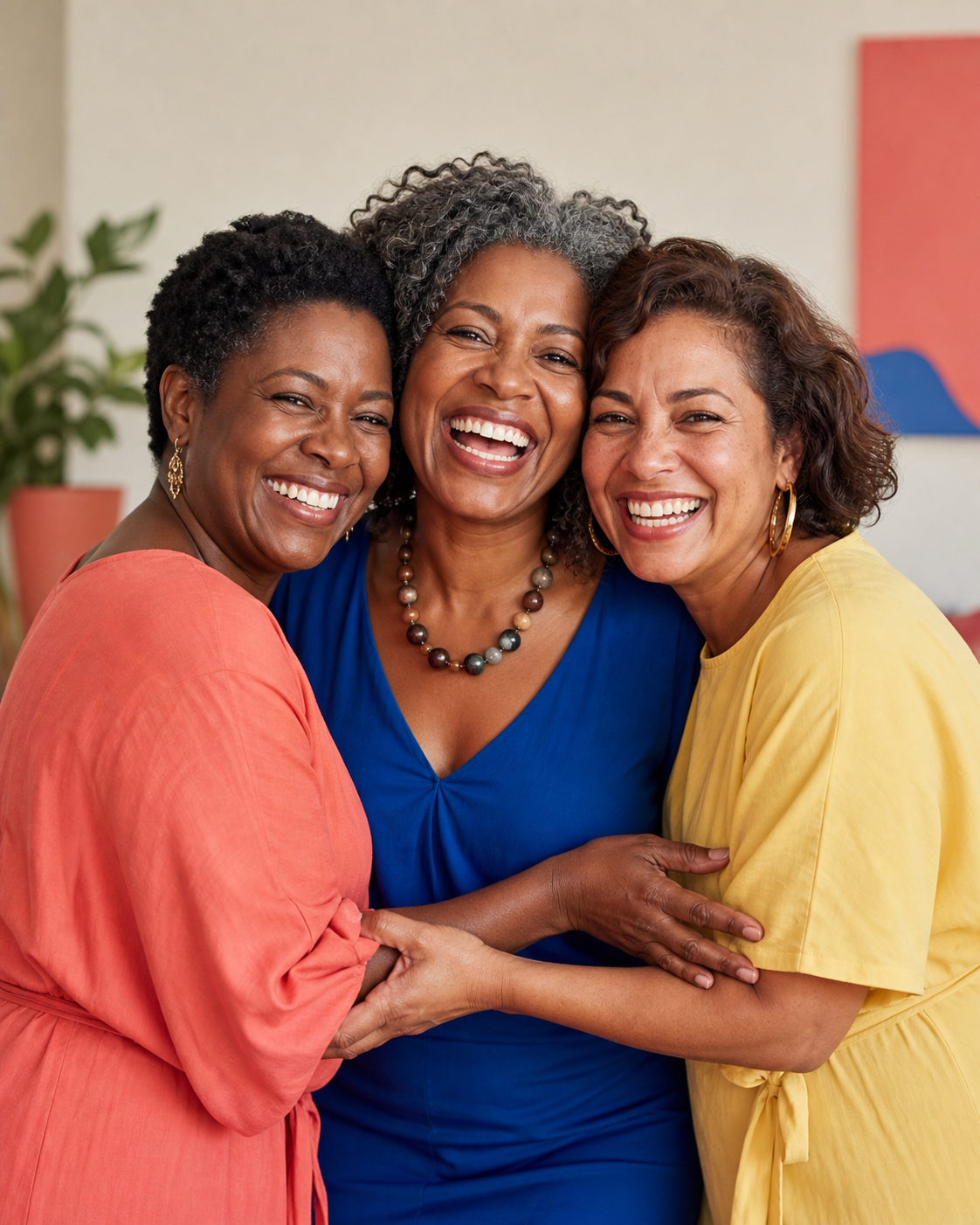 Três mulheres negras e pardas, maduras, abraçadas e felizes